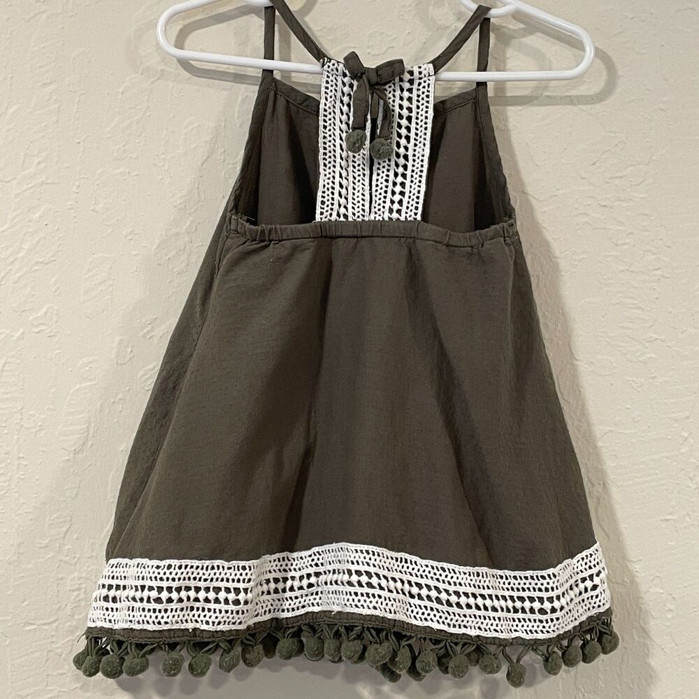 ~ Tommy Bahama 12mo Dress Cotton Crochet Lined Sleeveless Boho Olive PomPom Trim